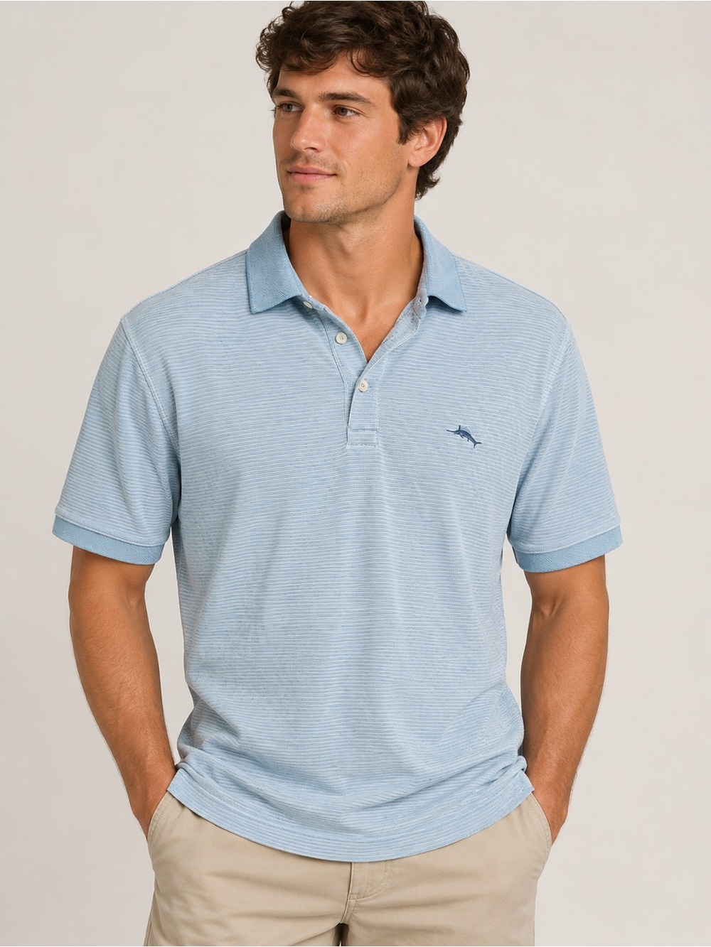Men's Tommy Bahsma Light Blue Striped Polo Shirt with Embroidered Logo